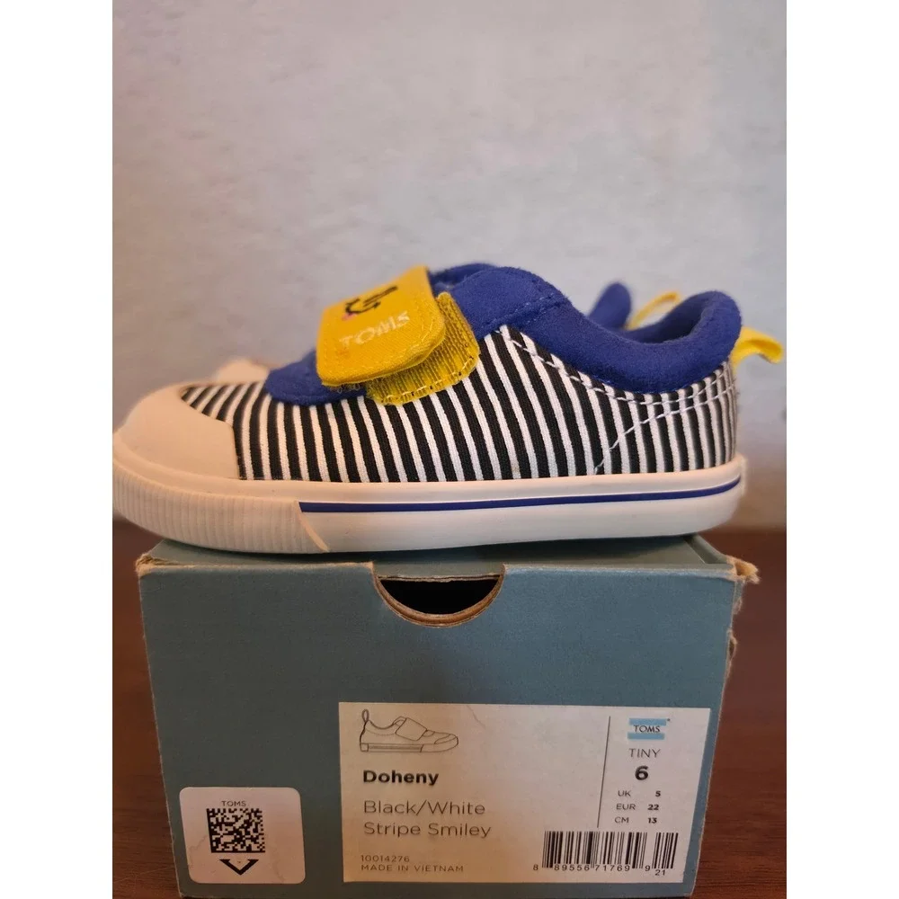 Toms Doheny Tiny 6 Kids Shoes Black White Stripe Smiley Blue Yellow 10014276